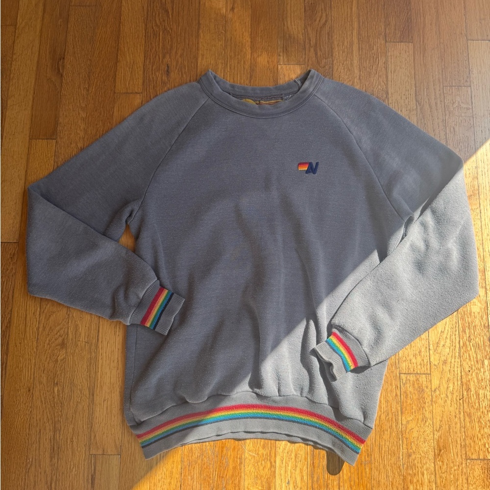 Aviator Nation Gray Crewneck with Rainbow Trim